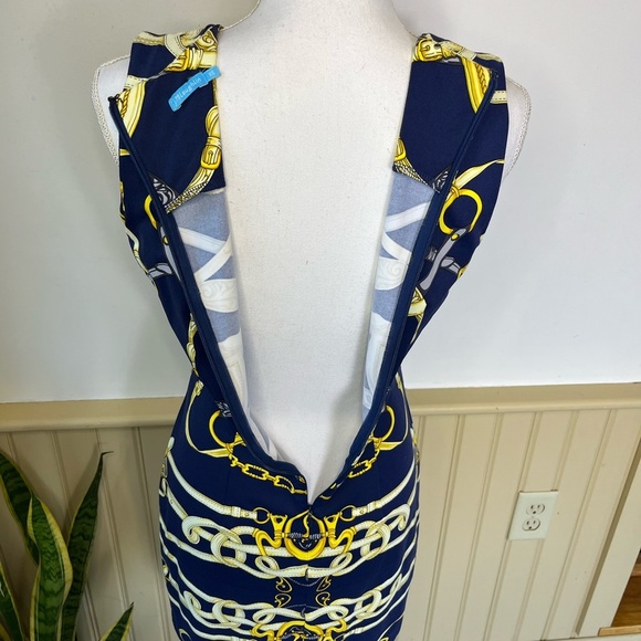 J.McLaughlin Chain Print Dress XS Navy Gold Nautical Equestrian Brunch Preppy - Picture 6 of 10